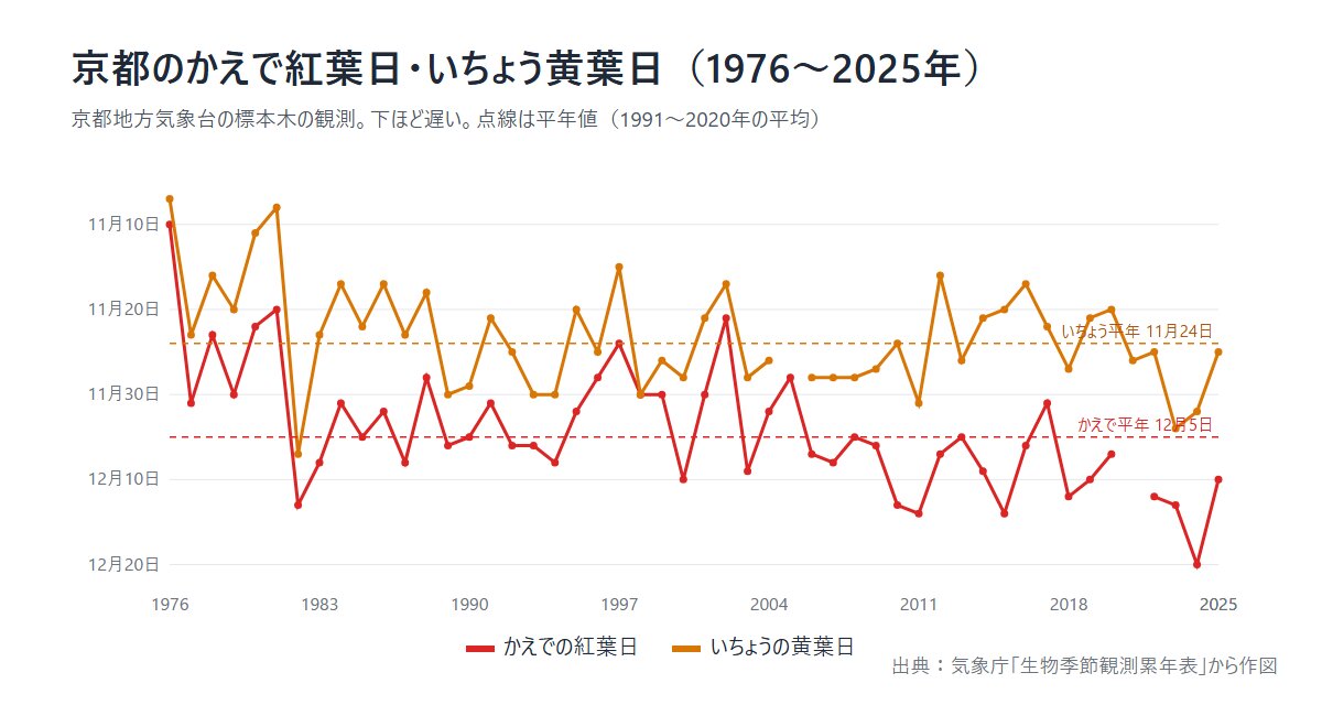 京都のかえで紅葉日・いちょう黄葉日の推移（1976〜2025年）気象庁の生物季節観測
