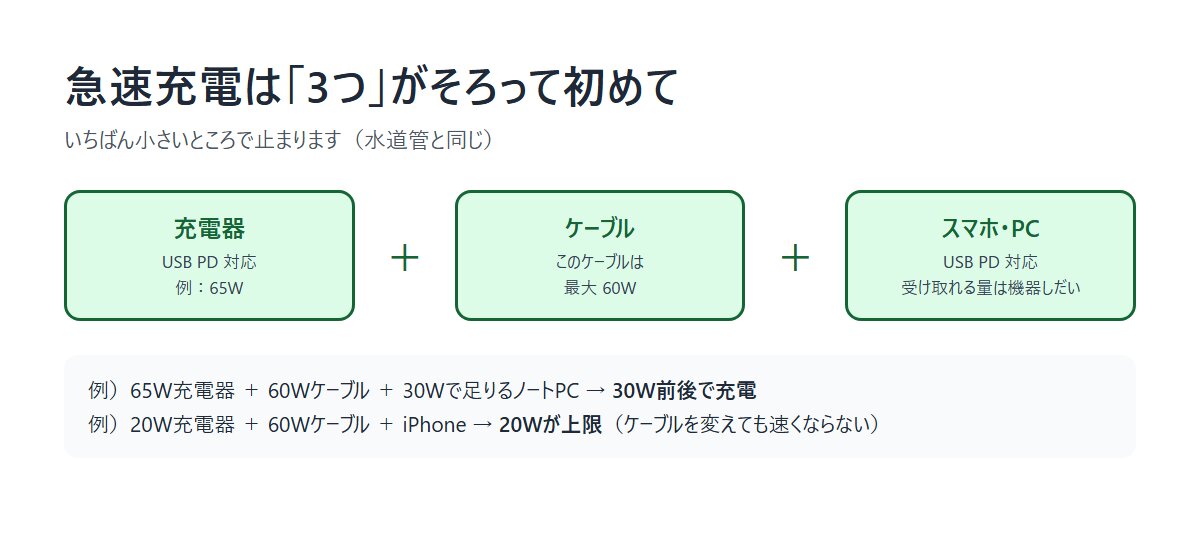 急速充電は充電器・ケーブル・スマホやPCの3つがUSB PDに対応して初めてできる。いちばん小さいW数で止まる